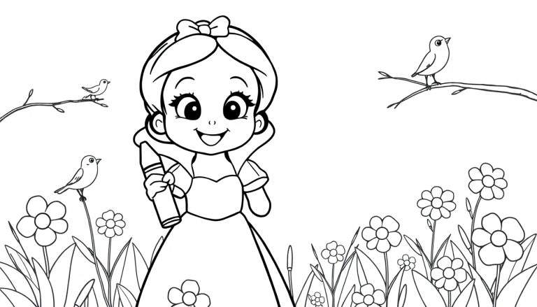 A cute Snow White holding a crayon, ready to add color to her world on this fun color panel.