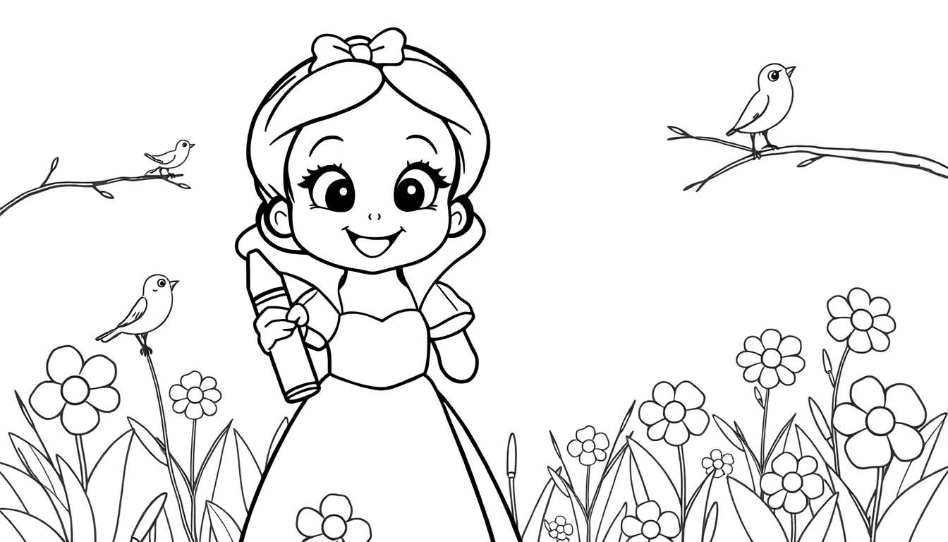 A cute Snow White holding a crayon, ready to add color to her world on this fun color panel.