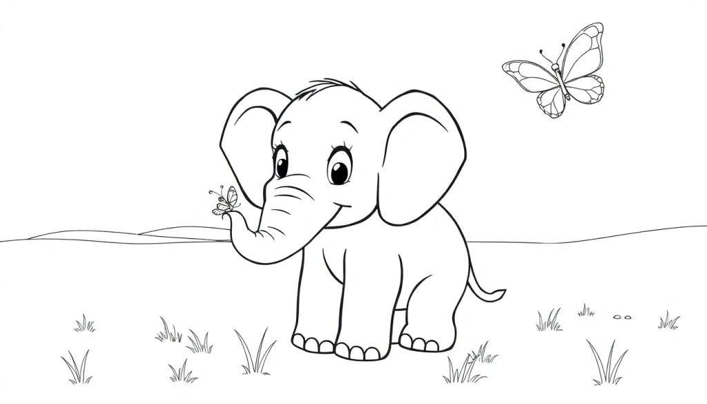 A black and white cartoon drawing of a baby elephant with a butterfly on its trunk, ready for a color panel.