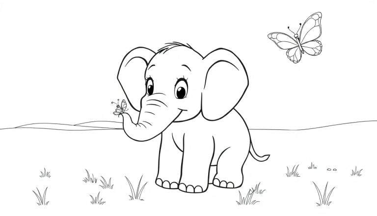 A black and white cartoon drawing of a baby elephant with a butterfly on its trunk, ready for a color panel.