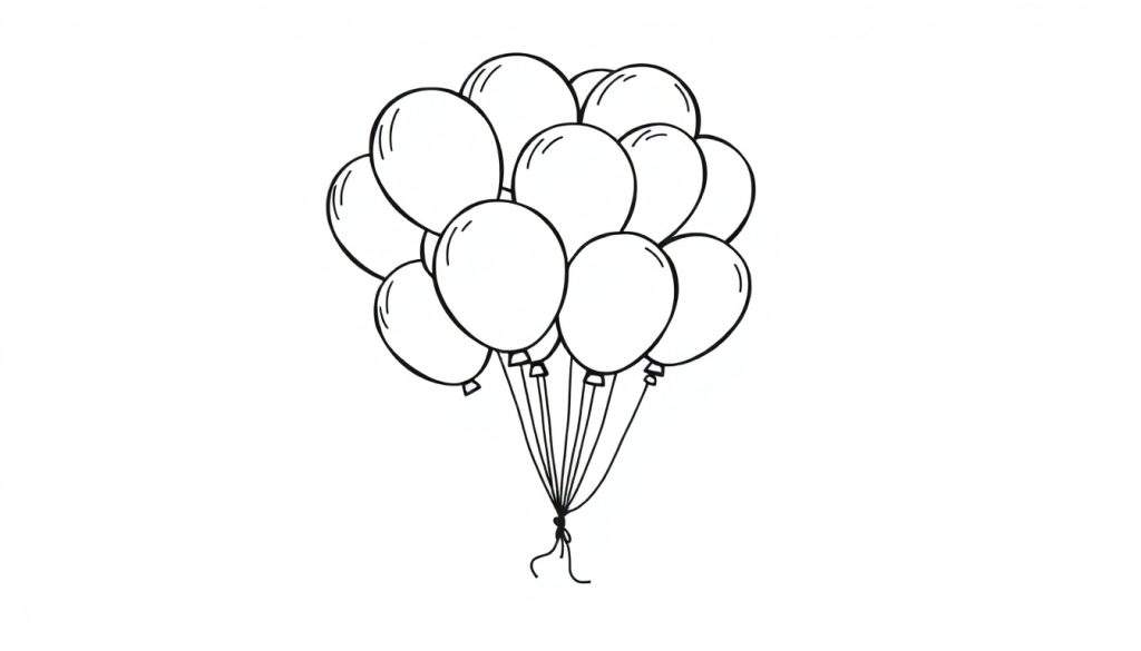 A black and white color panel showing a group of balloons clustered together with tied strings.