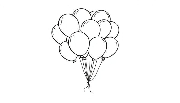 A black and white color panel showing a group of balloons clustered together with tied strings.