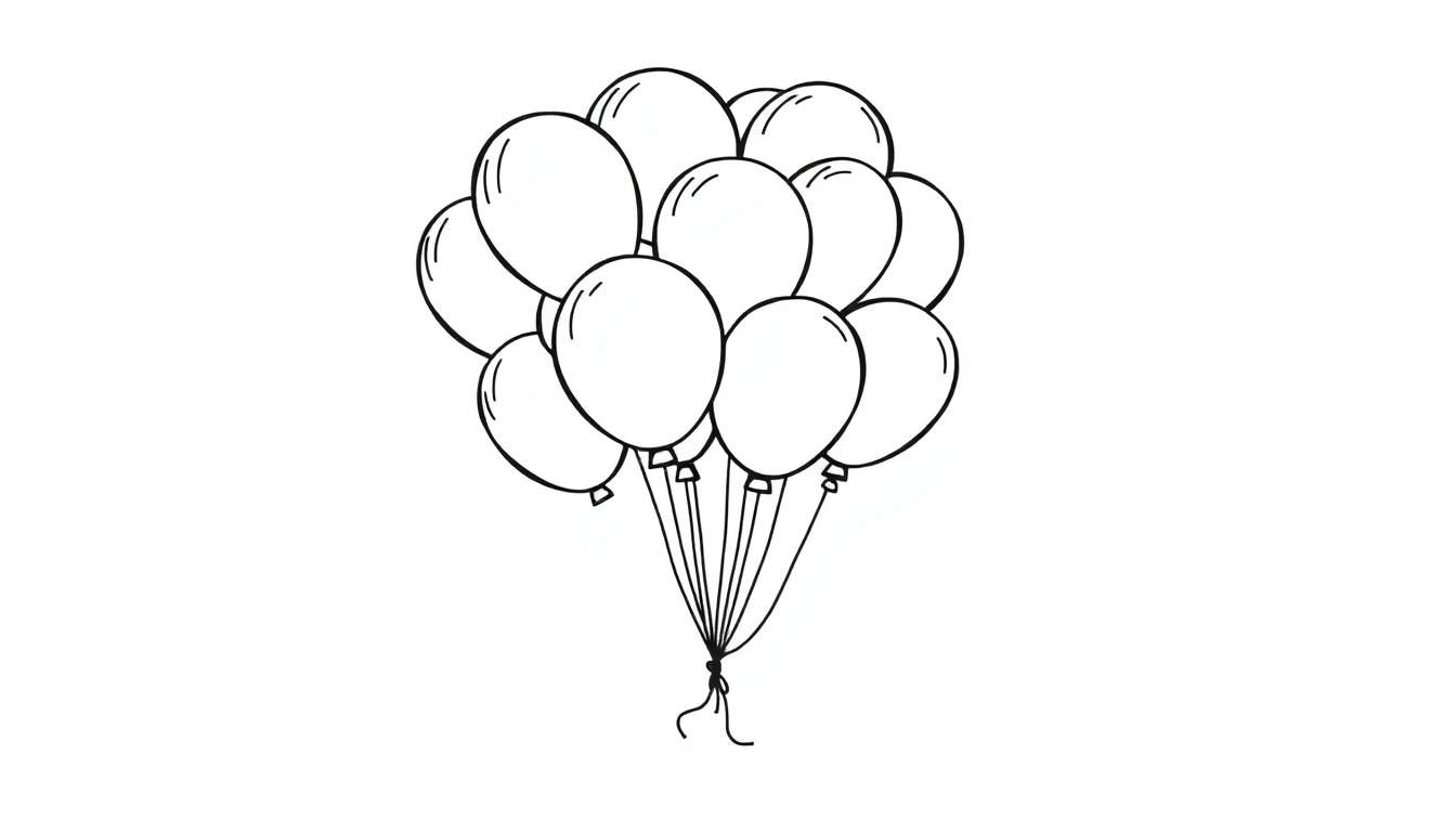 A black and white color panel showing a group of balloons clustered together with tied strings.
