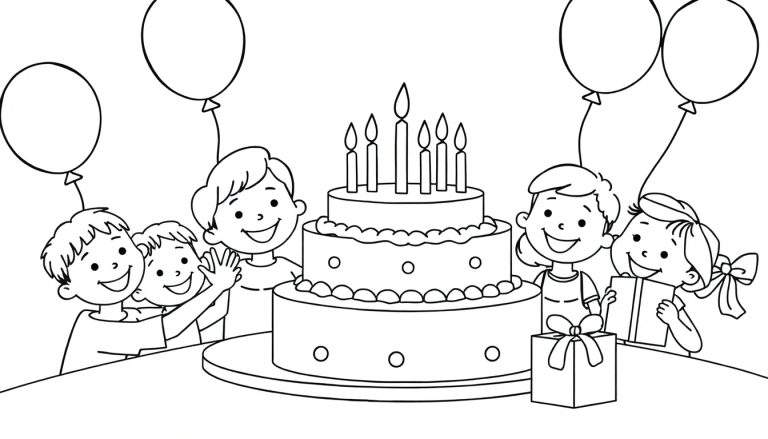 A happy birthday scene, ready for the color panel, with kids around a cake and balloons.