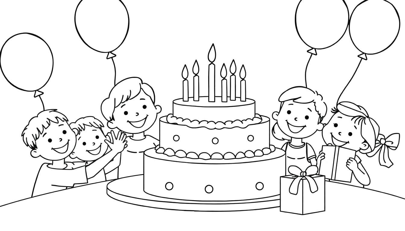 A happy birthday scene, ready for the color panel, with kids around a cake and balloons.