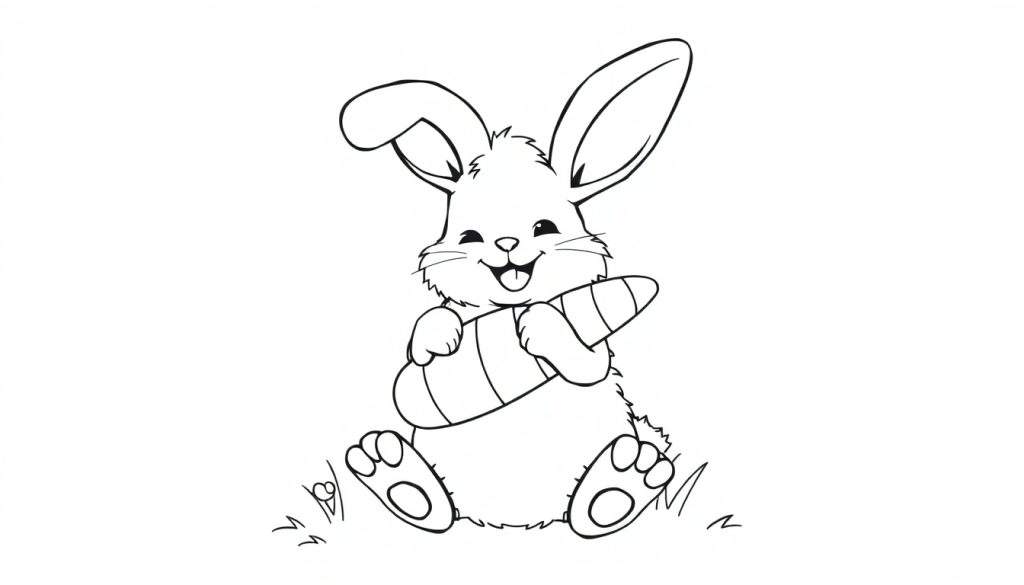 A cute black and white bunny with big ears is sitting and holding a striped carrot, with grass around its feet. This is a coloring panel.