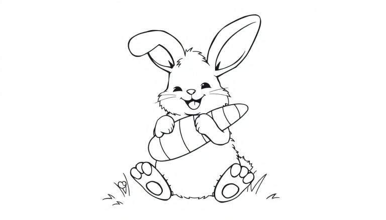 A cute black and white bunny with big ears is sitting and holding a striped carrot, with grass around its feet. This is a coloring panel.
