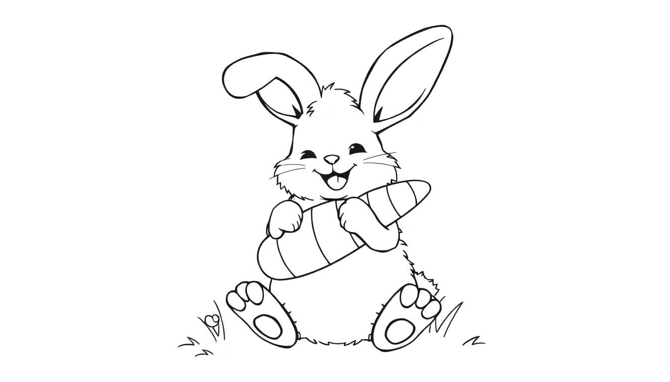 A cute black and white bunny with big ears is sitting and holding a striped carrot, with grass around its feet. This is a coloring panel.