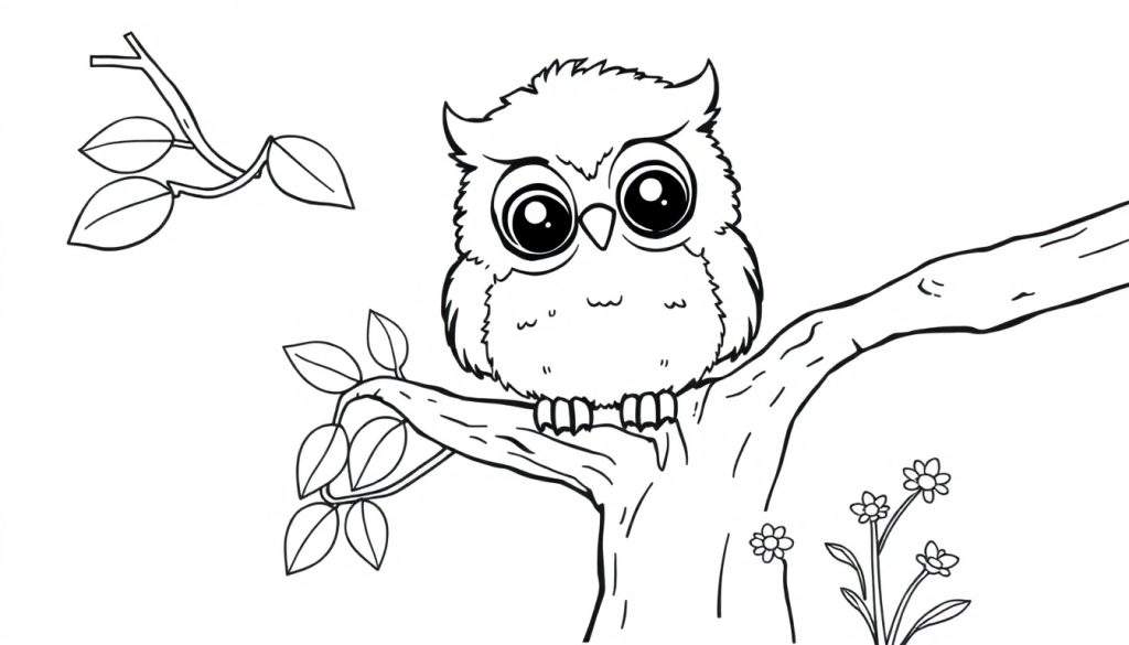 A black and white color panel drawing of a fluffy baby owl with big eyes sitting on a branch with leaves and flowers.