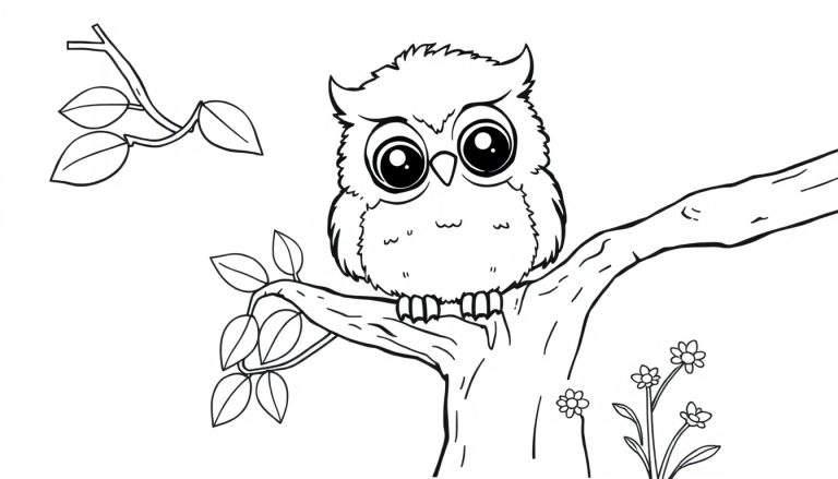 A black and white color panel drawing of a fluffy baby owl with big eyes sitting on a branch with leaves and flowers.
