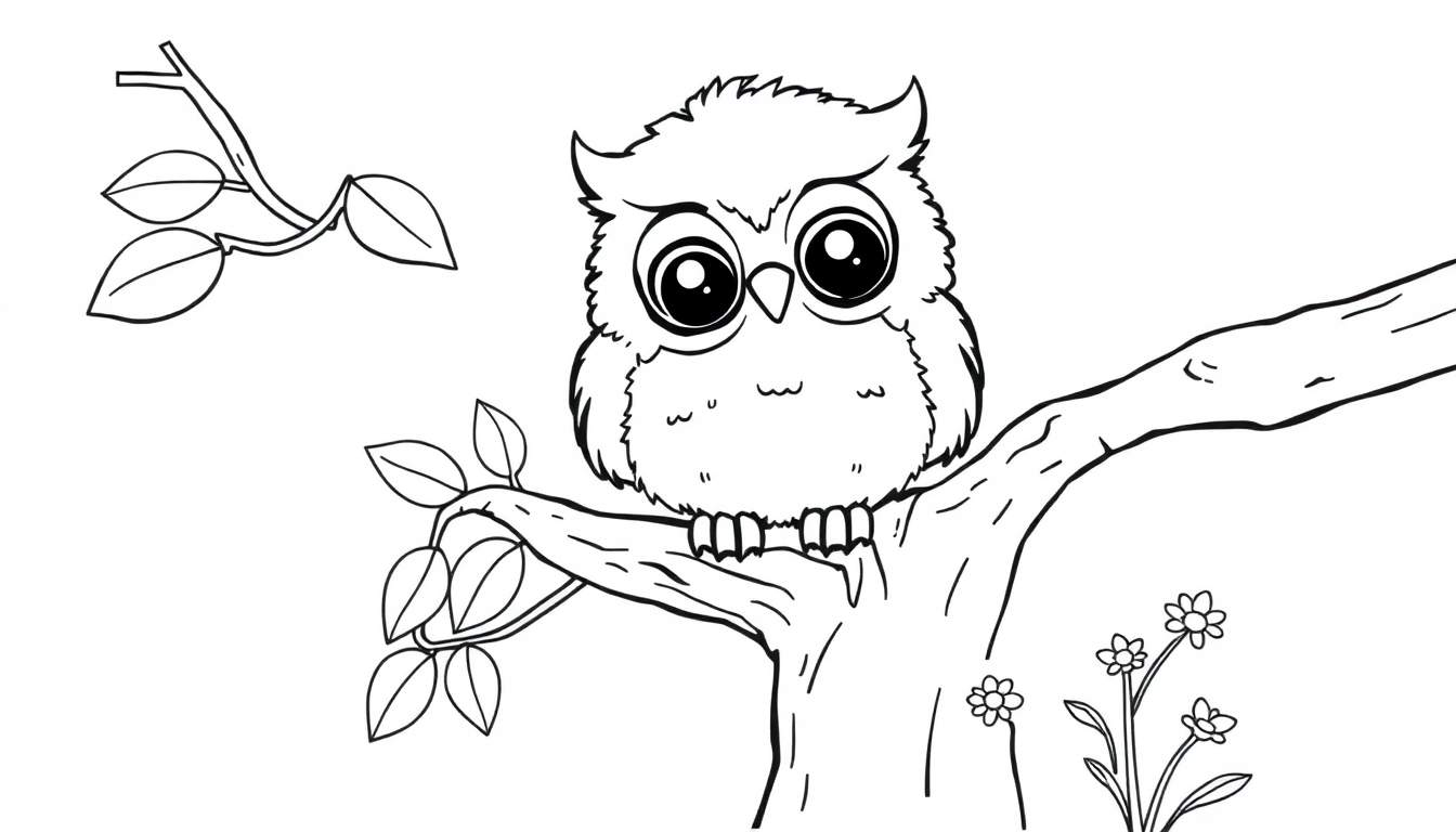 A black and white color panel drawing of a fluffy baby owl with big eyes sitting on a branch with leaves and flowers.