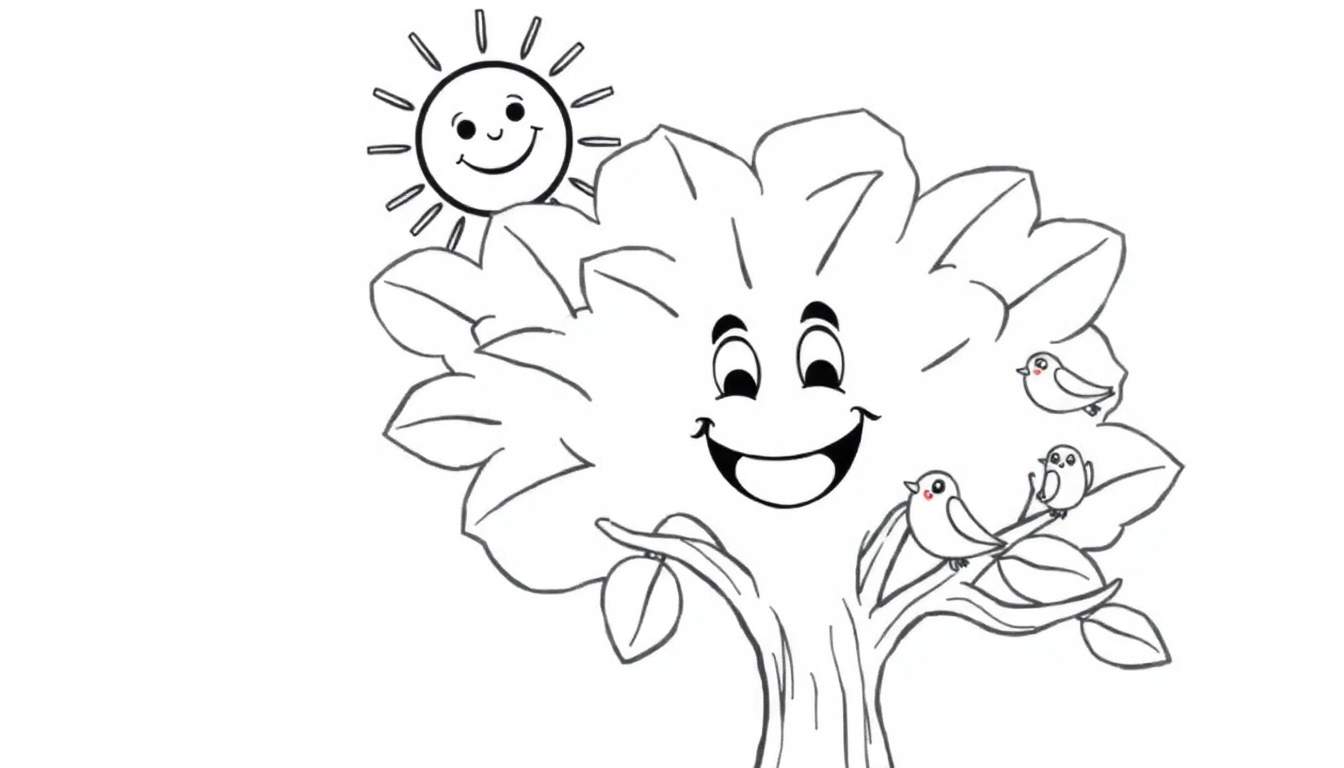 A cheerful cartoon tree with a smiling face, a happy sun overhead, and three little birds, all ready for a color panel adventure!