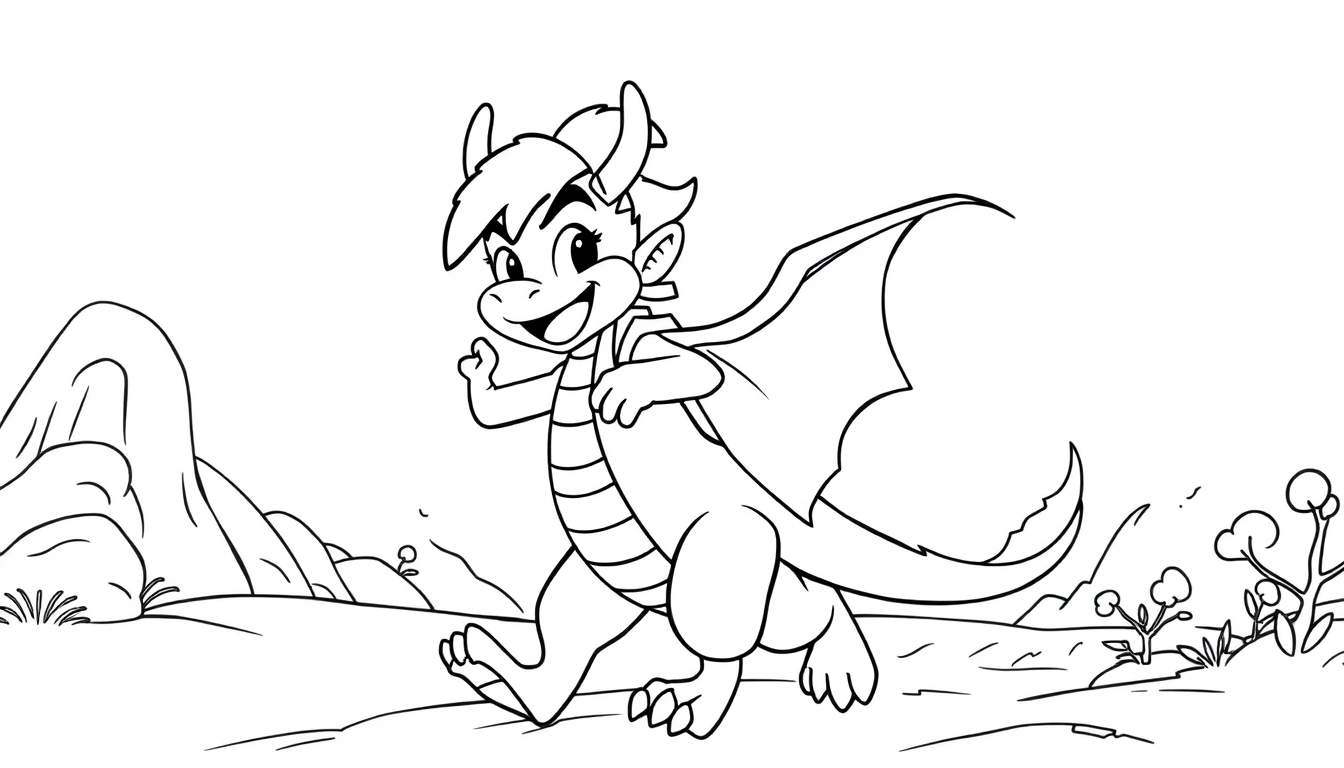 A cartoon drawing of a young dragon walking in a rocky landscape.