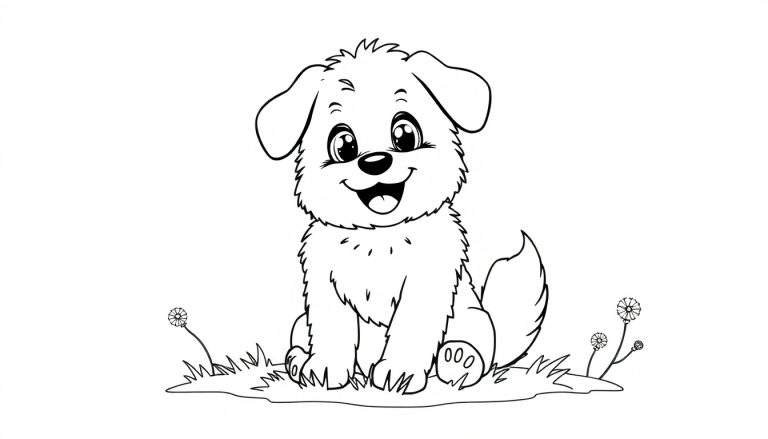 A cute fluffy white puppy named Bentley sits on grass, wagging its tail. This coloring panel is ready for your touch! 🎨
