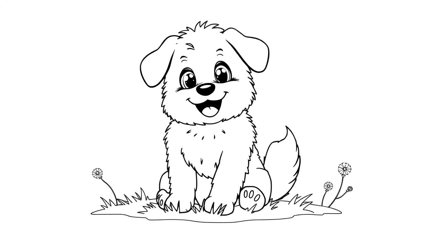 A cute fluffy white puppy named Bentley sits on grass, wagging its tail. This coloring panel is ready for your touch! 🎨