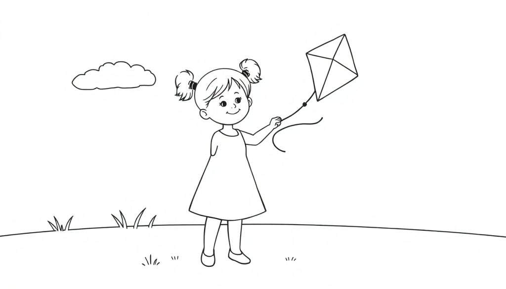 A black and white illustration of a little girl with pigtails flying a diamond kite in a grassy field. This coloring page is ready for color panel.