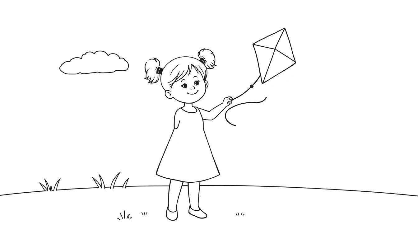 A black and white illustration of a little girl with pigtails flying a diamond kite in a grassy field. This coloring page is ready for color panel.