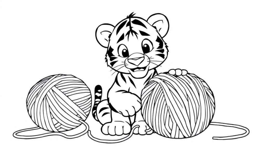 A cute tiger cub in a black and white color panel outline drawing, playing with two balls of yarn.
