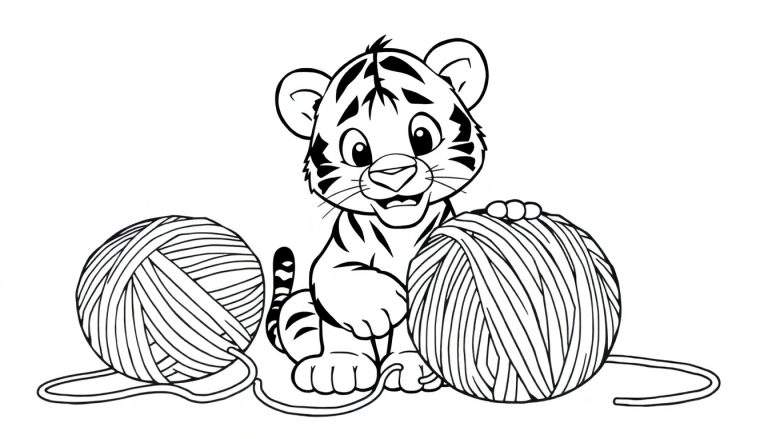 A cute tiger cub in a black and white color panel outline drawing, playing with two balls of yarn.