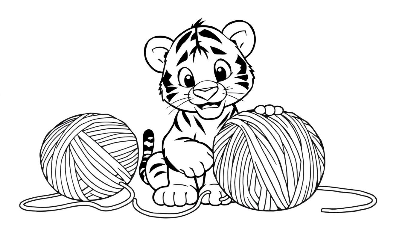 A cute tiger cub in a black and white color panel outline drawing, playing with two balls of yarn.