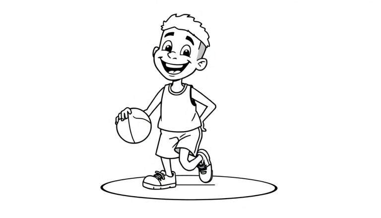 A happy cartoon boy dribbling a basketball on a court, ready for a color panel.
