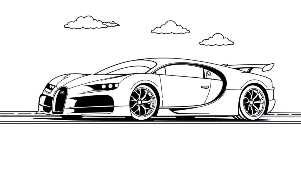 A black and white outline of a sleek sports car, perfect for a color panel.