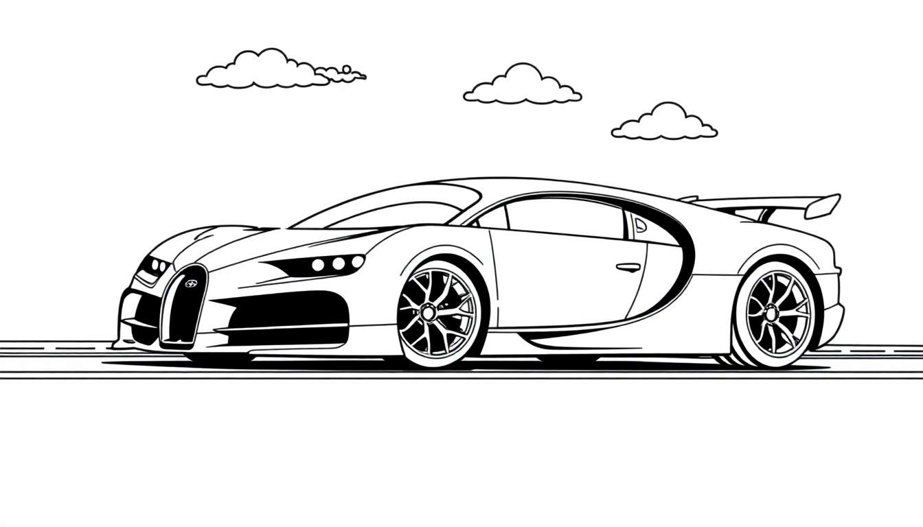 A black and white outline of a sleek sports car, perfect for a color panel.