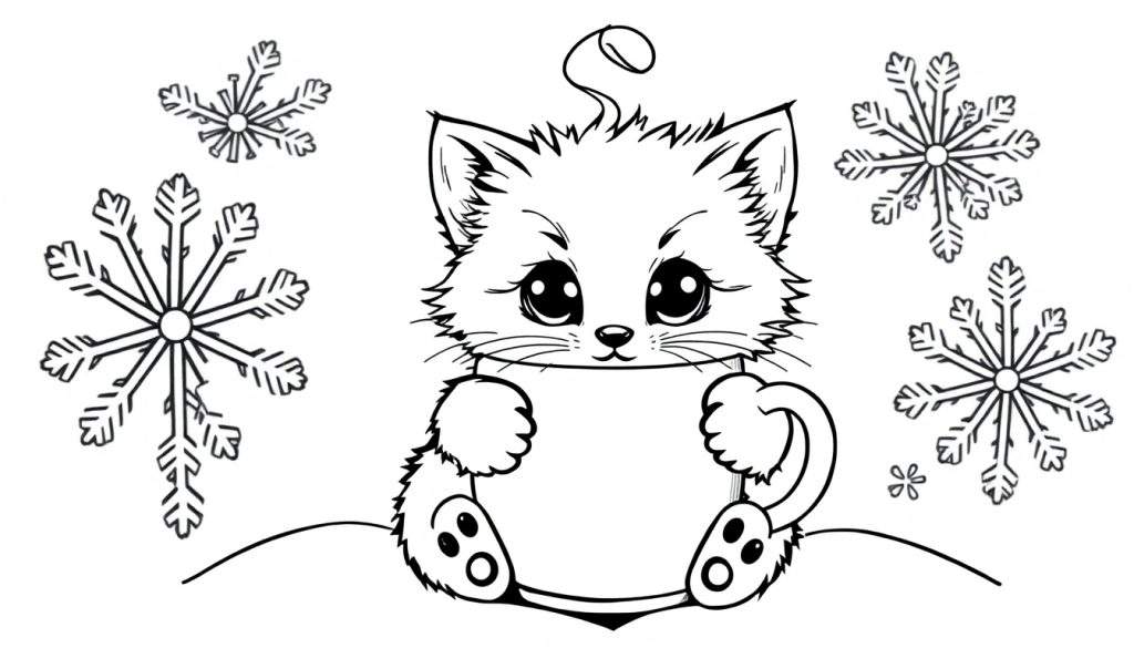 A cute kitten in a cup, a black and white coloring panel.