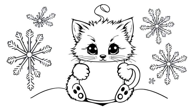 A cute kitten in a cup, a black and white coloring panel.