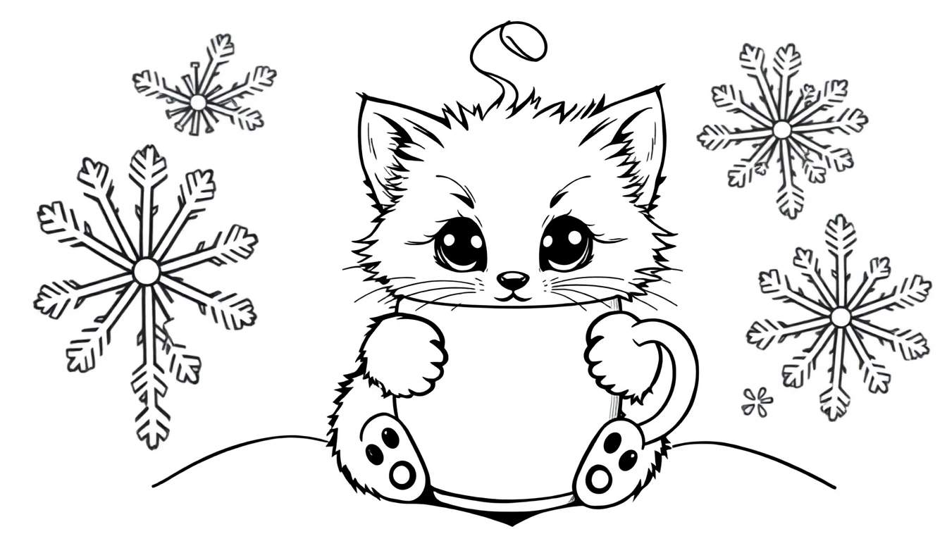 A cute kitten in a cup, a black and white coloring panel.