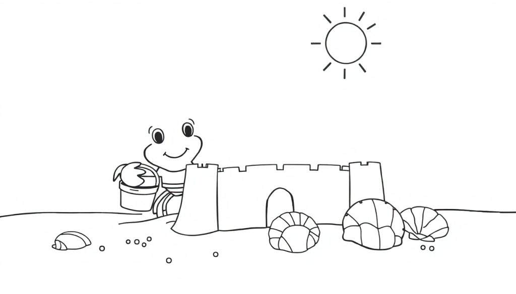 A black and white line art drawing of a beach scene for a color panel, showing a sandcastle with an arch, a smiling cartoon character, seashells, pebbles, and a sun.