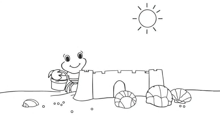 A black and white line art drawing of a beach scene for a color panel, showing a sandcastle with an arch, a smiling cartoon character, seashells, pebbles, and a sun.