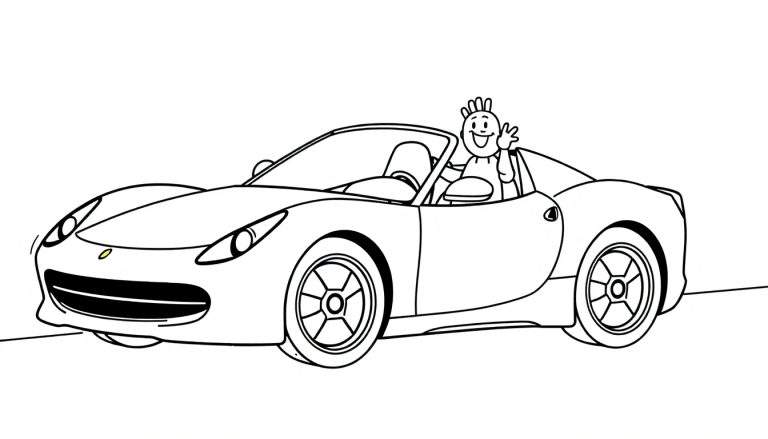 A fun color panel of a cartoon sports car with a driver waving.