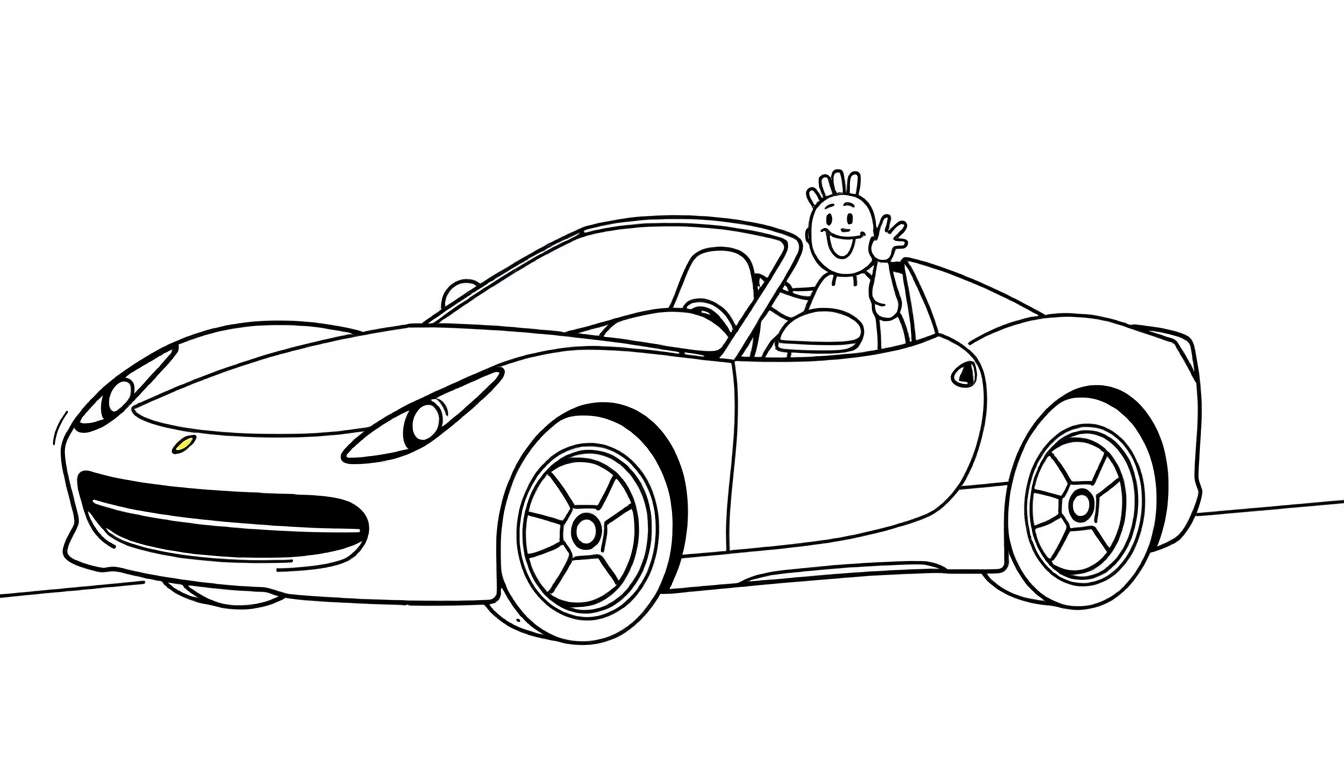A fun color panel of a cartoon sports car with a driver waving.