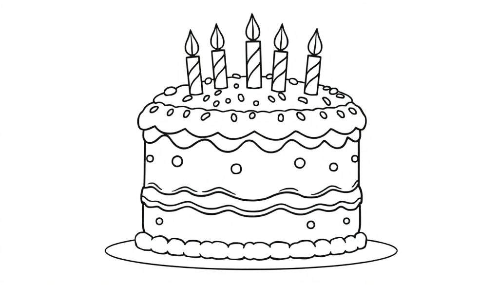 A black and white line drawing of a multi-layered birthday cake with five candles, ready for coloring. This is a color panel.