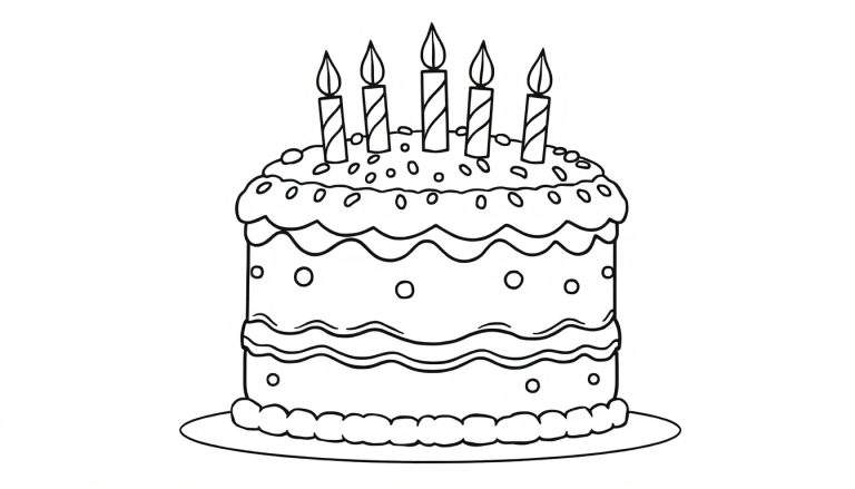 A black and white line drawing of a multi-layered birthday cake with five candles, ready for coloring. This is a color panel.