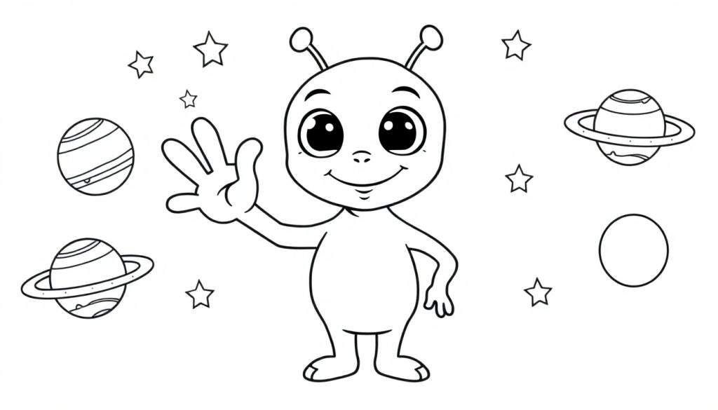 A friendly cartoon alien waving hello, surrounded by stars and planets, in a black and white color panel.