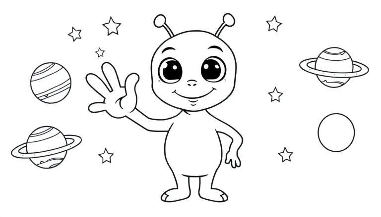 A friendly cartoon alien waving hello, surrounded by stars and planets, in a black and white color panel.