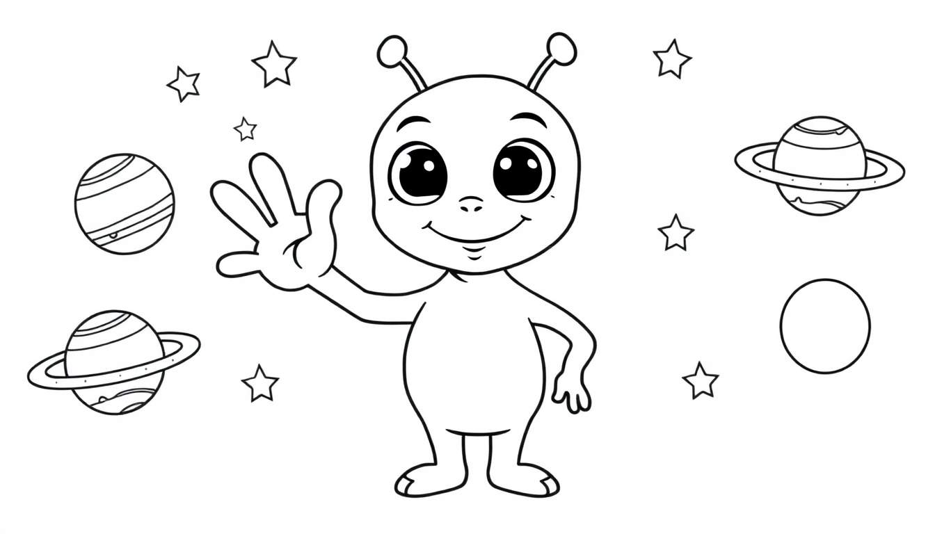 A friendly cartoon alien waving hello, surrounded by stars and planets, in a black and white color panel.