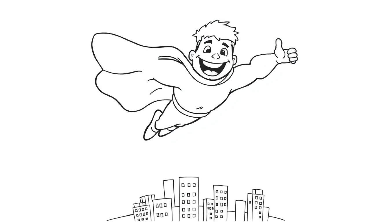 A smiling cartoon superhero with a red cape flies above a city, giving a thumbs-up.