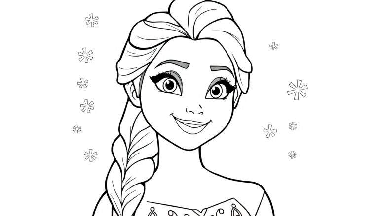 Elsa smiling in a black and white coloring panel, with snowflakes around her.