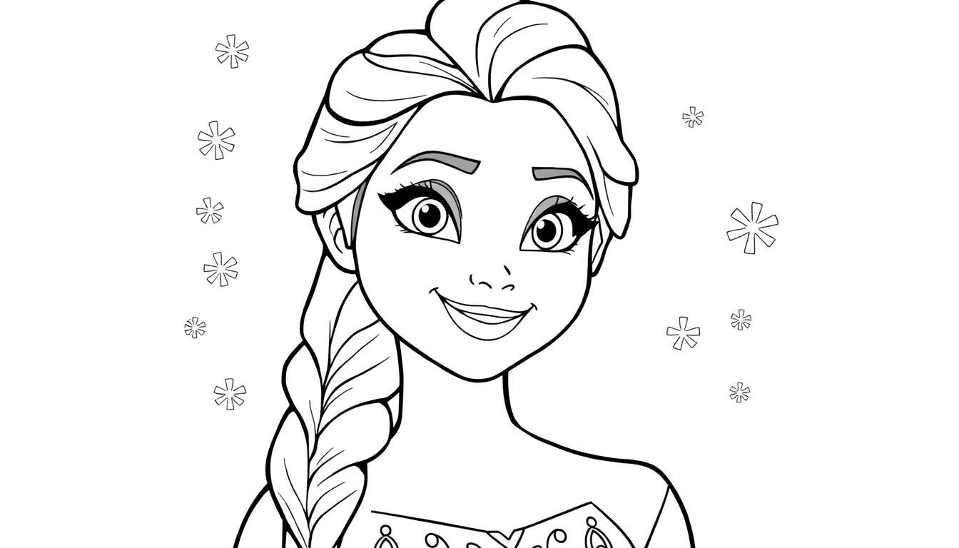 Elsa smiling in a black and white coloring panel, with snowflakes around her.