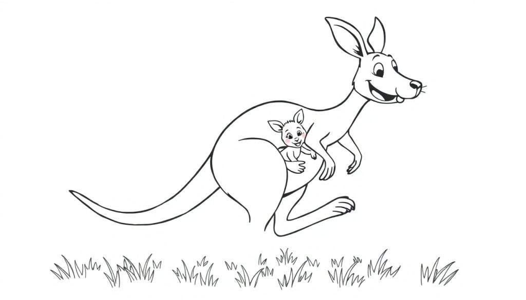 A black and white cartoon illustration of a happy kangaroo with her joey peeking from her pouch, a fun coloring panel.