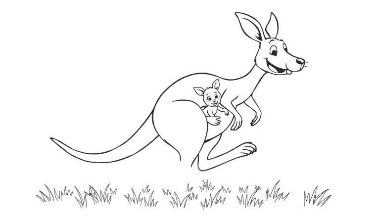 A black and white cartoon illustration of a happy kangaroo with her joey peeking from her pouch, a fun coloring panel.