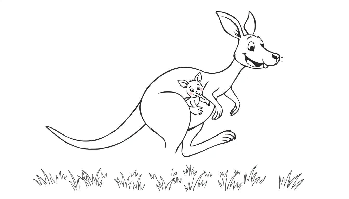 A black and white cartoon illustration of a happy kangaroo with her joey peeking from her pouch, a fun coloring panel.
