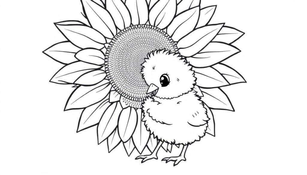 A fluffy baby chick in a black and white color panel, pecking at a big sunflower.