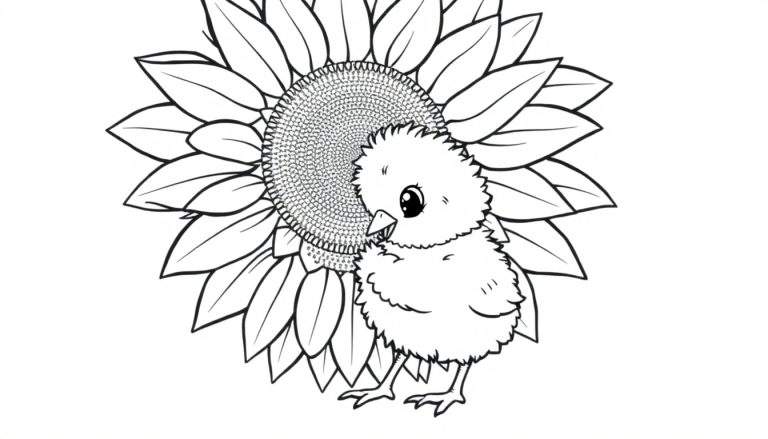A fluffy baby chick in a black and white color panel, pecking at a big sunflower.