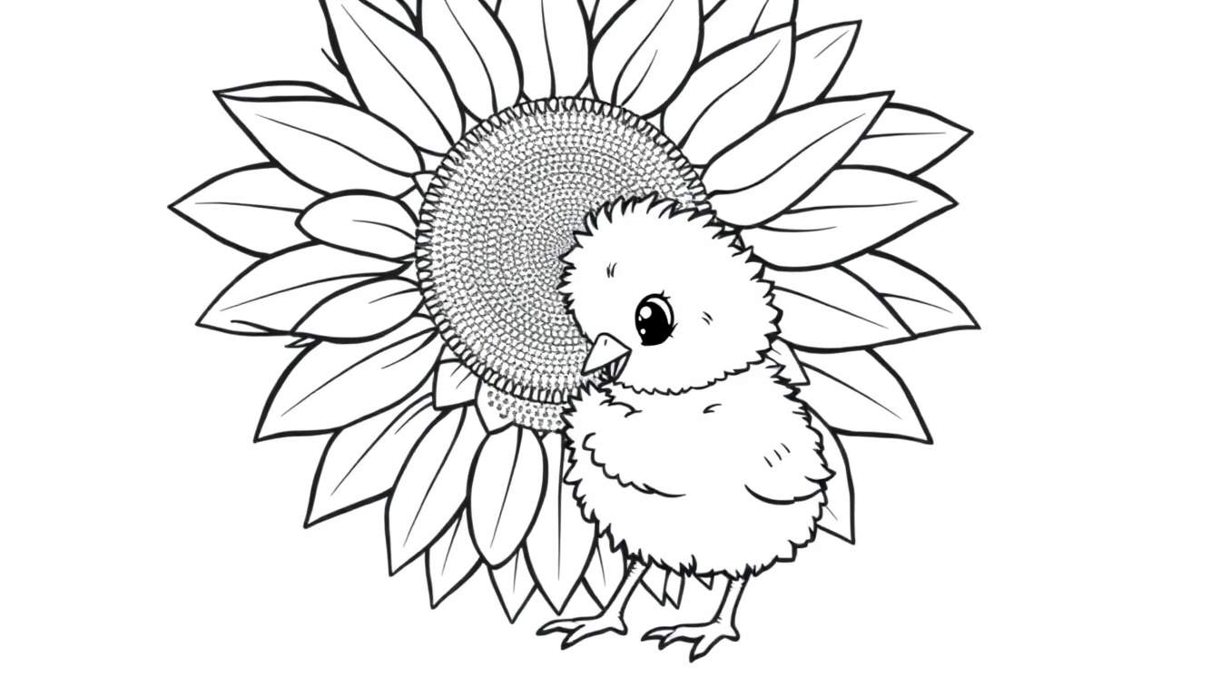 A fluffy baby chick in a black and white color panel, pecking at a big sunflower.