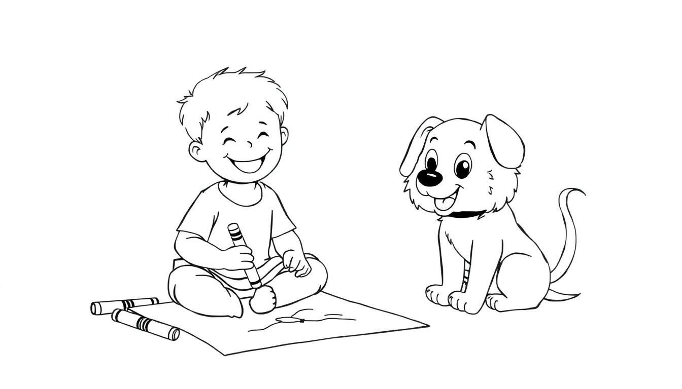 A black and white color panel of a happy boy drawing with crayons, with a cute dog watching him.
