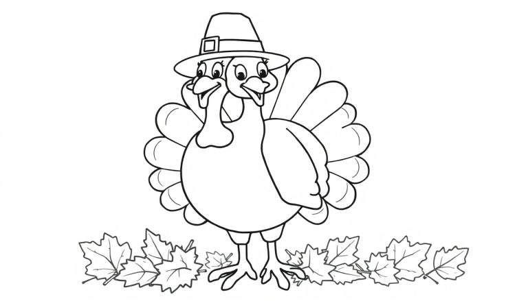 A friendly cartoon turkey in a pilgrim hat stands on autumn leaves, a simple black and white color panel for kids.